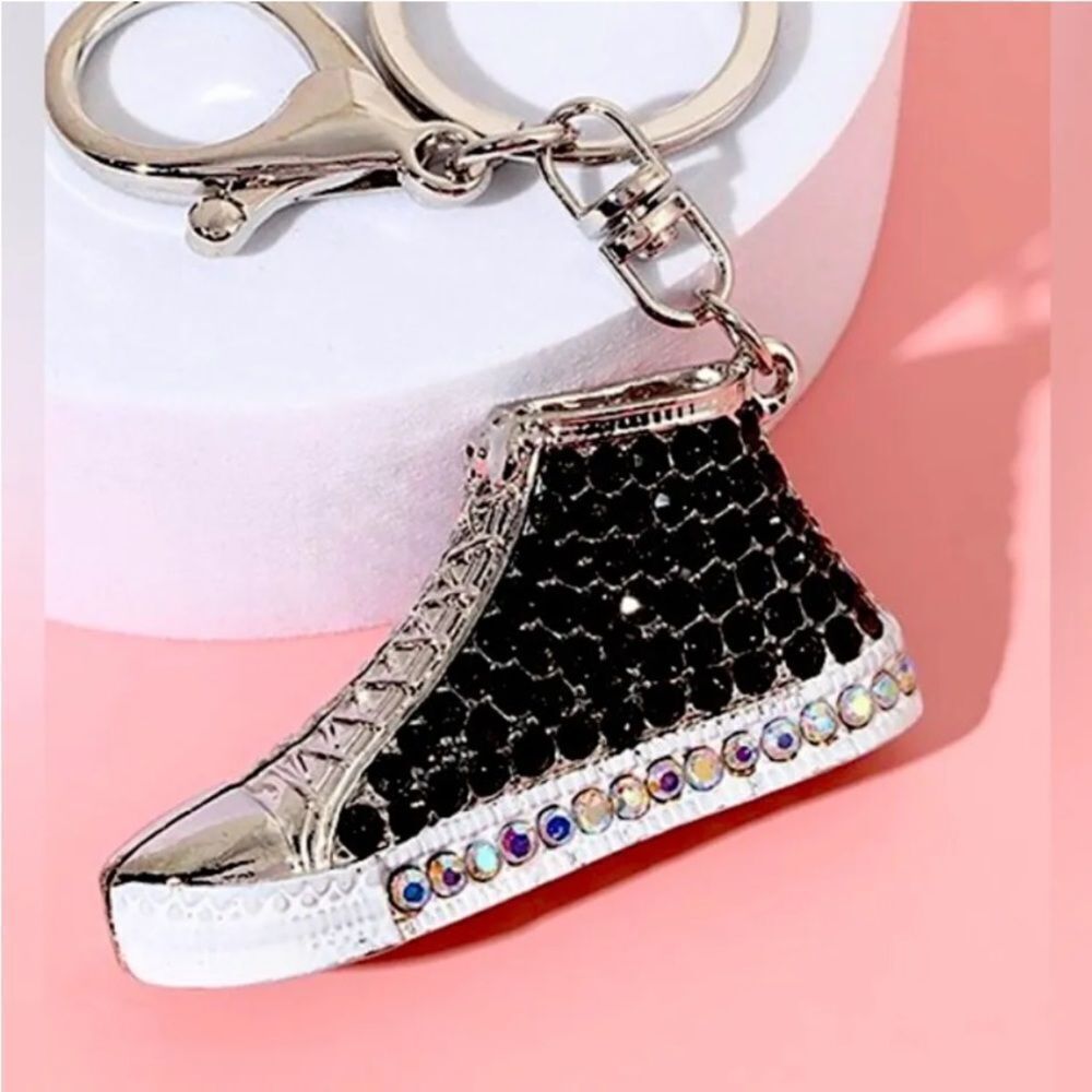 Hi Top Sneaker Black & White Purse Charm Key Chain Rhinestone NEW - Picture 3 of 7